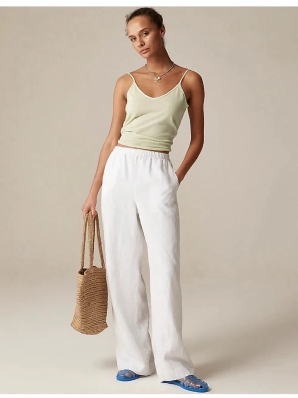 J. Crew Stratus Wide Leg Elastic Waist Linen Pants in White CL872 - XXL